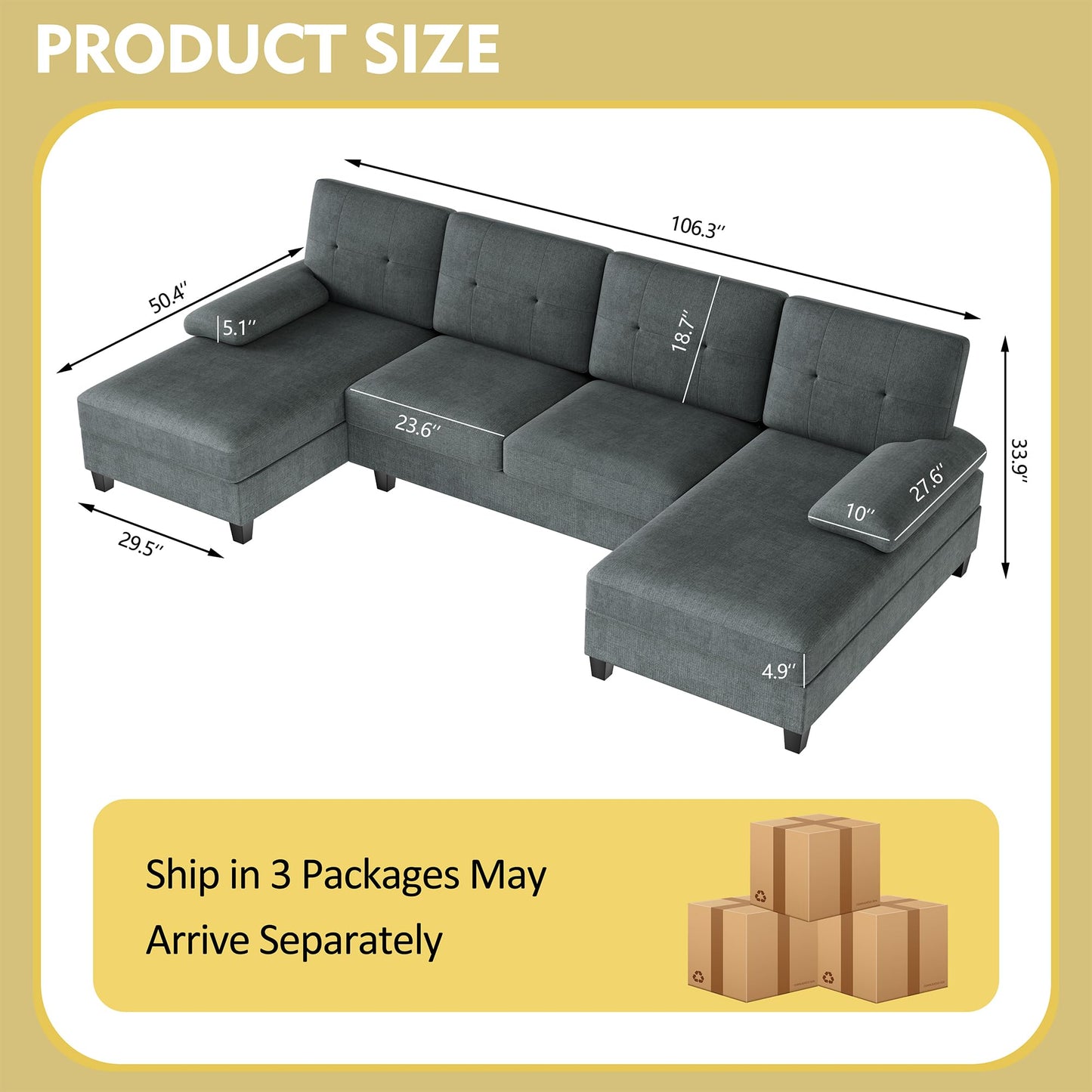 Nutually U Shaped Sectional Couches for Living Room, 4-Seat Sofa Set with Double Chaise, Modular Sectional Sofa Couch for Apartment, Reception Room(Dark Gray)
