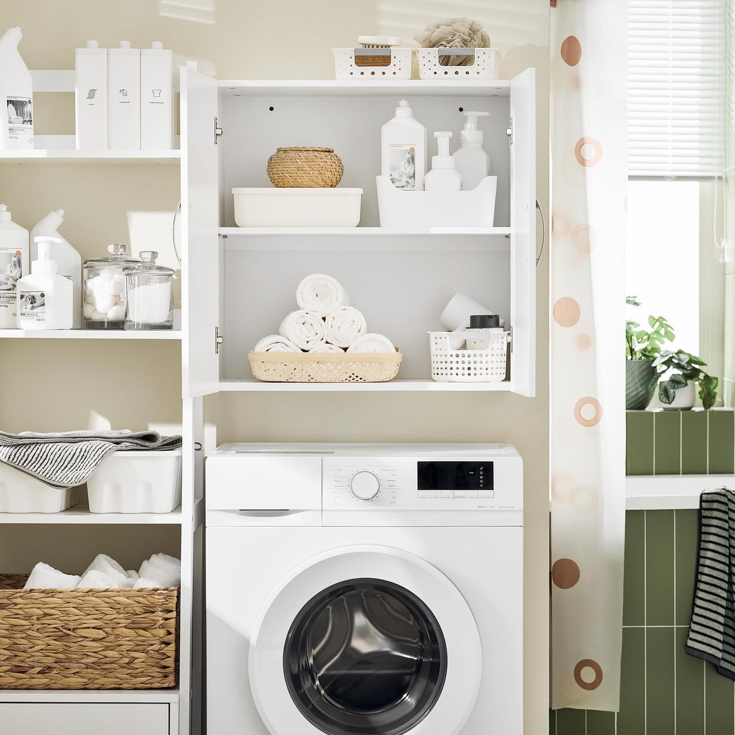SoBuy Wall Cabinet Laundry Room Kitchen, Wall Mounted Storage Cabinet, Medicine Cabinet with Shelf, Bathroom Garage or Hallway, White, BZR200-W