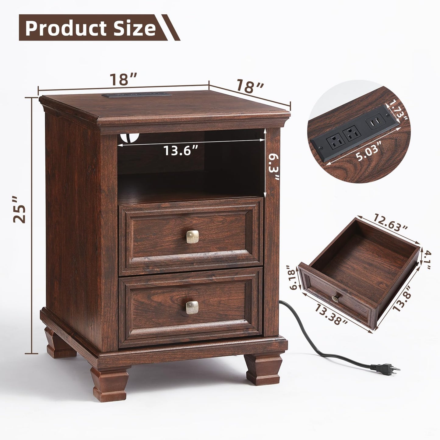 SAVOR LIFE Farmhouse Nightstand with Charging Station, Rustic Brown Nightstand,2 Drawers End Table for Living Room,Bedside Table with Open Shelf for Bed Room,Walnut
