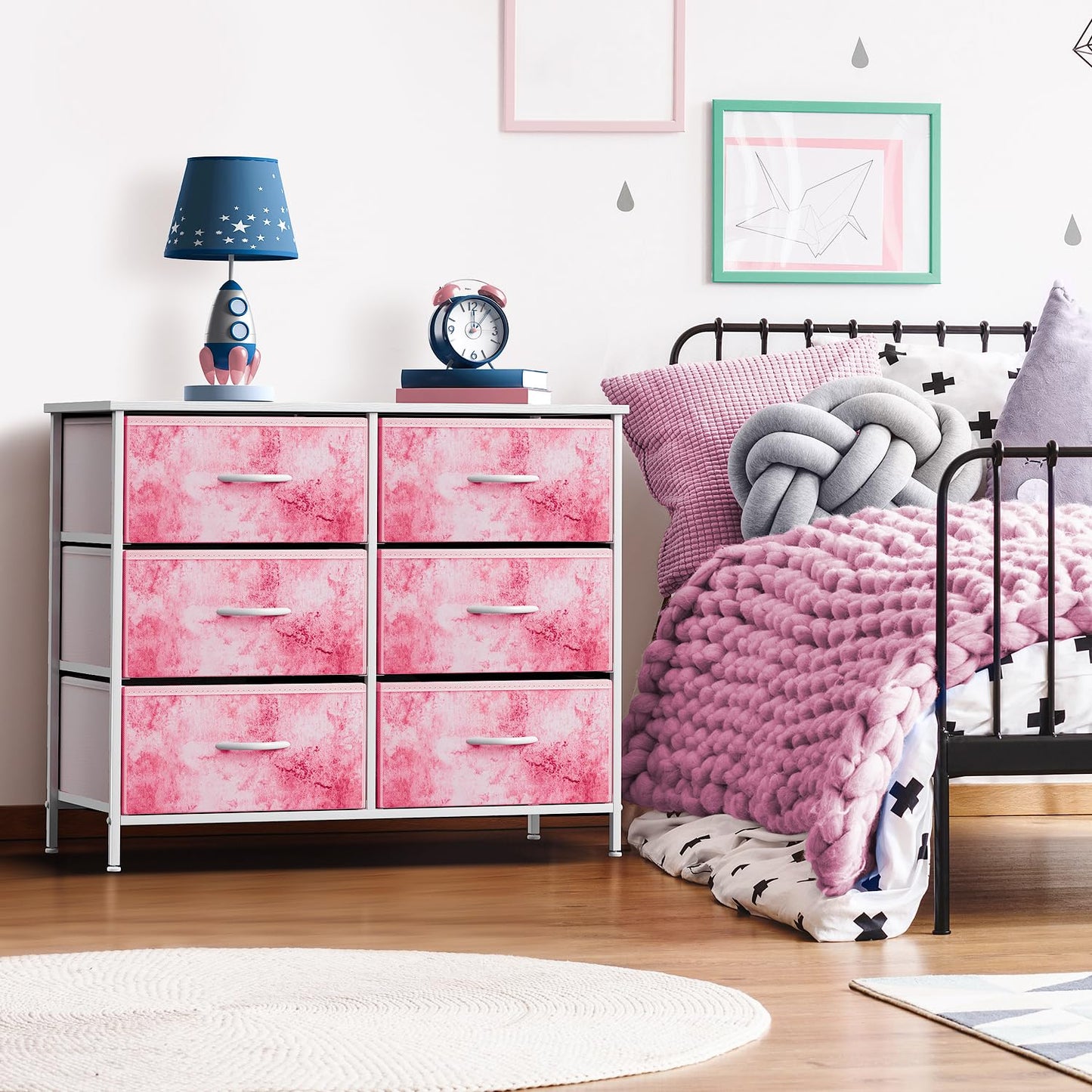 Sorbus Kids Dresser with 6 Drawers - Storage Chest Organizer Unit with Steel Frame, Wood Top & Handles, Tie-dye Fabric Bins for Clothes - Wide Furniture for Bedroom Hallway Kids Room Nursery & Closet