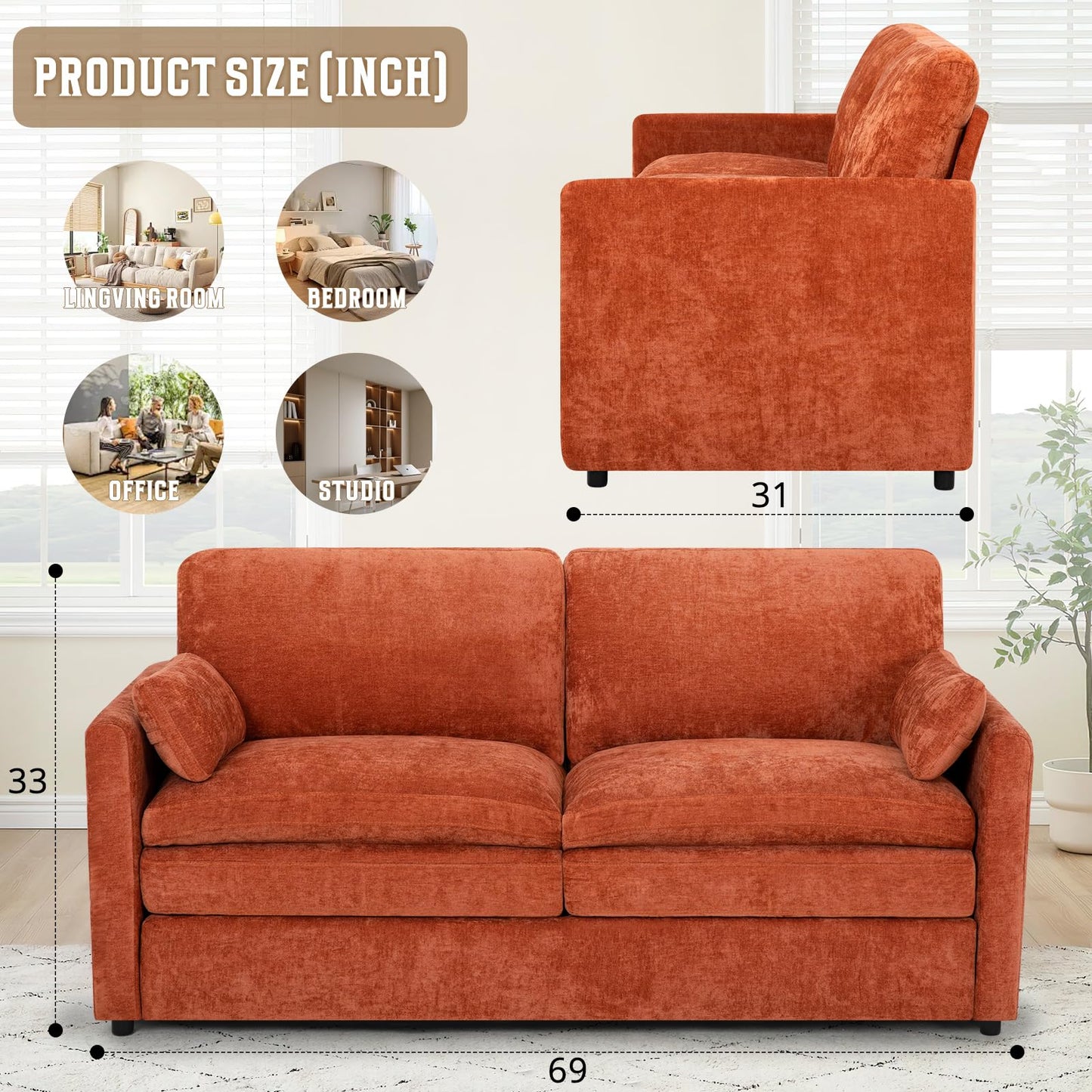 Lesofair 69" Chenille Modern Couch with Cozy & Soft Backrests, 2 Seats Sofa with 2 Extra Pillows, Comfy Upholstered Sofa with Thicker Cushions for Living Room, Office, Orange