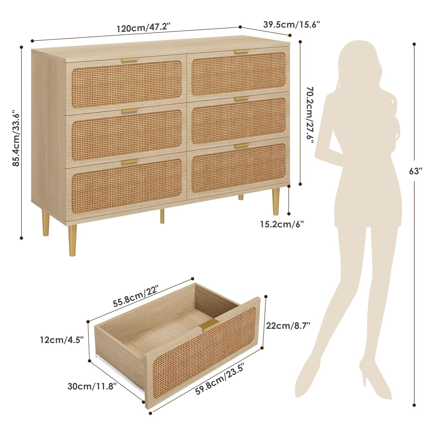 Rattan 6 Drawer Dresser for Bedroom, Large Double Dresser with Deep Drawers, Wooden Chest of Drawers for Closet with Wide Top, for Living Room, Hallway, Kids Room, Natural