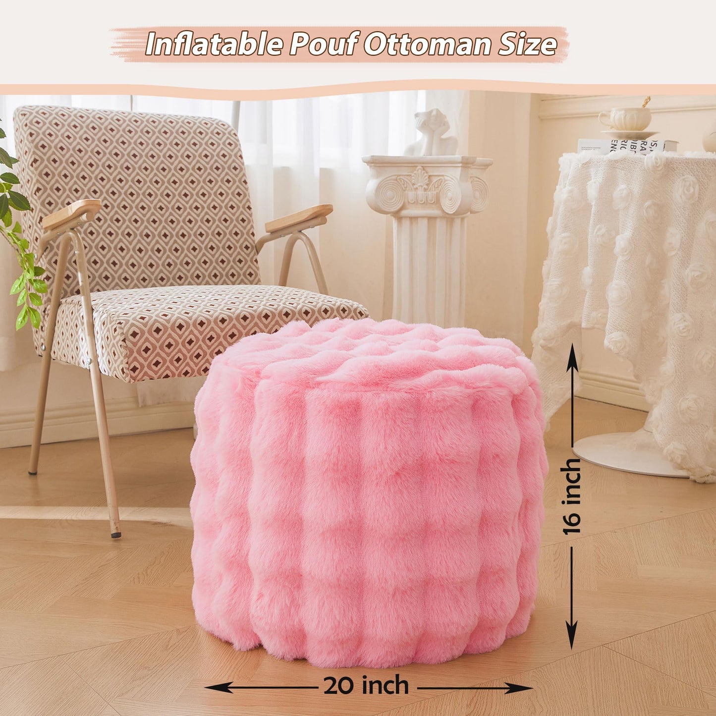 LIFEREVO Faux Rabbit Fur Round Inflatable Pouf Ottoman, 20" X 16" Plush Fuzzy Waffle Bubble Floor Poufs Foot Rest for Living Room Bedroom, Furry Pouf Chair Foot Stool Home Decor, Anti-Slip, Pink