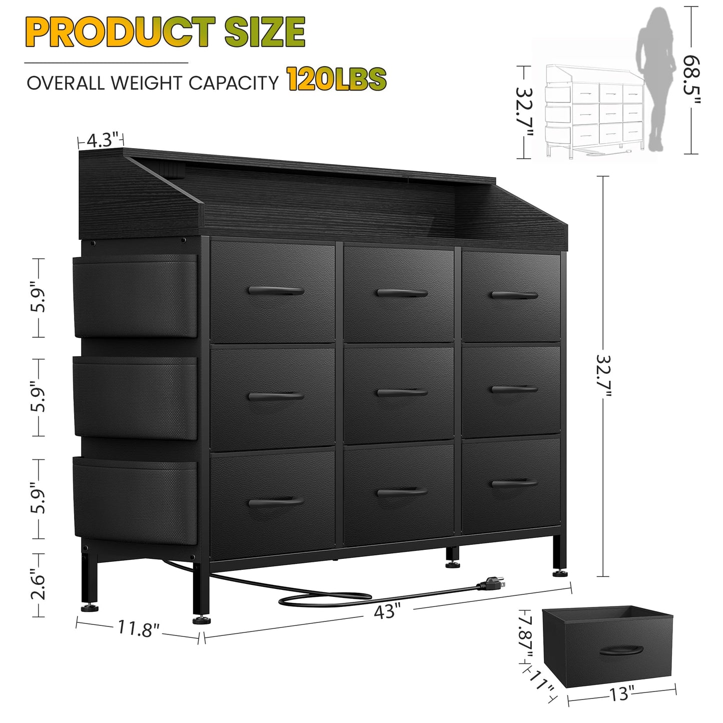 Black TV Stand Dresser for Bedroom 9 Drawers - Fabric Dresser Chest of Drawers for Living Room Hallway Closet (Black PU)