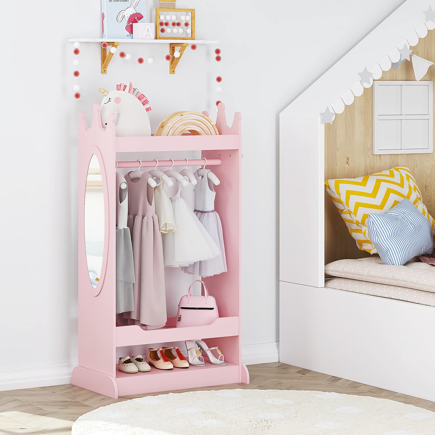 UTEX Kids Dress up Storage with Mirror,Costume Wardrobe for Kids, Open Hanging Armoire Closet,Pretend Storage Closet, Costume Storage Dresser (Pink)
