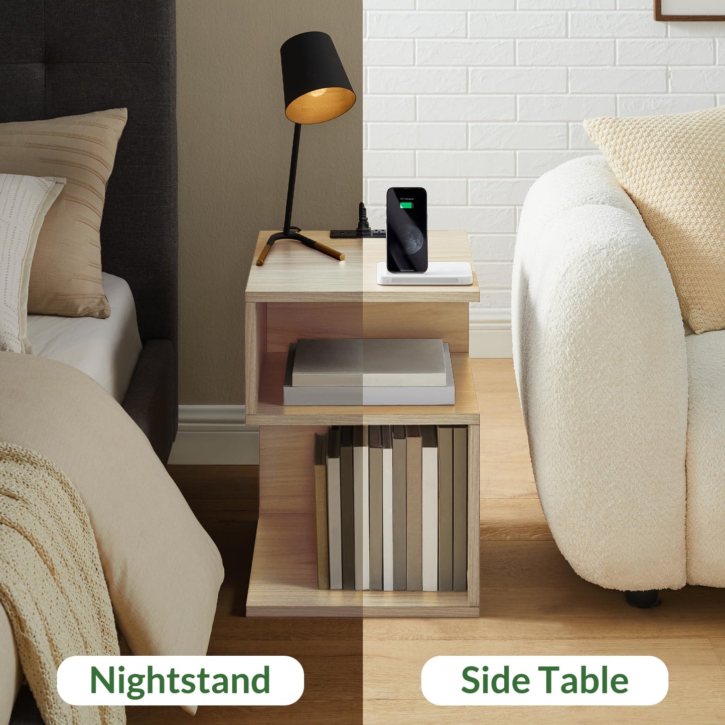 ODIKA Tokyo S Flip Minimalist 3 Tier End Table with Fast Charging Station - USB C Cable Wood Nightstand for Small Spaces with Open Storage Bedside Table for Bedroom (Reverse, Natural w/Charging)