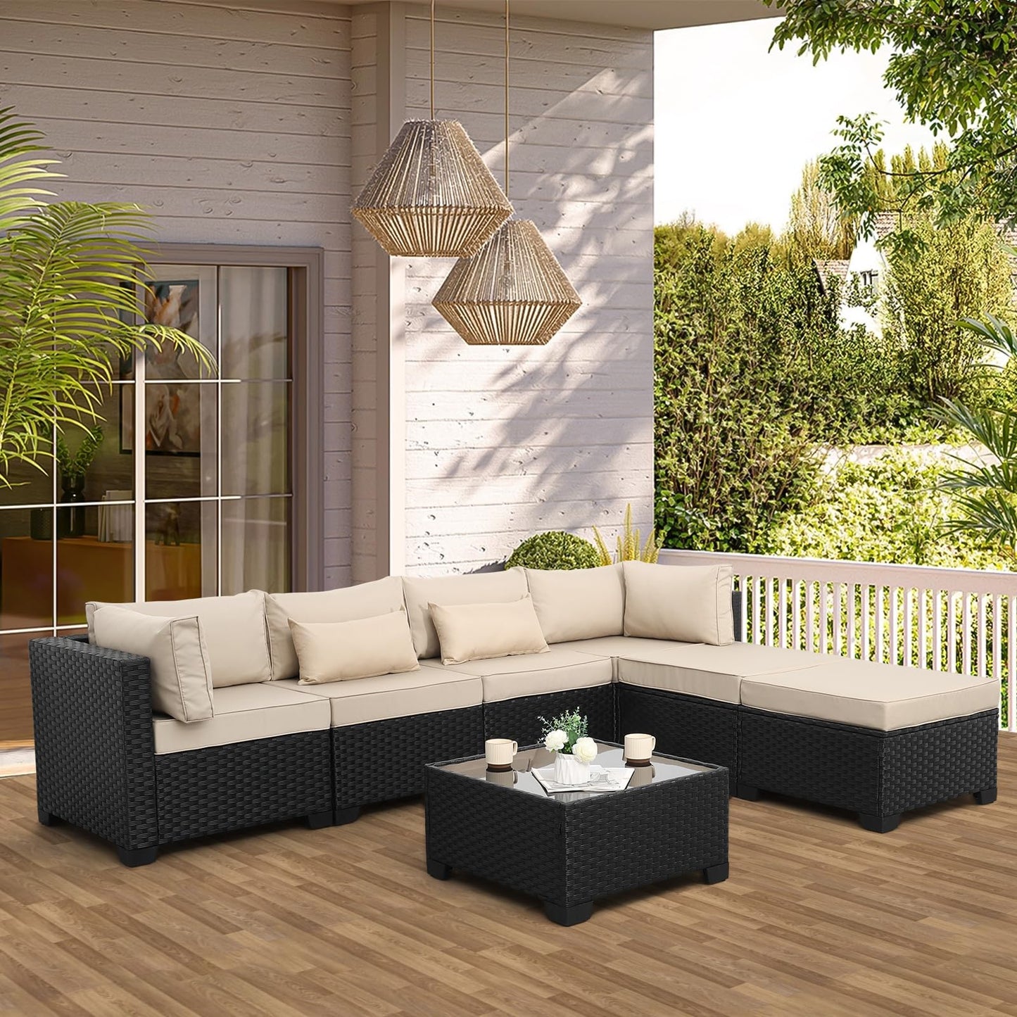 Lviden 7 Pieces Outdoor PE Wicker Furniture Set Patio Rattan Sectional Conversation Sofa Set with Khaki Cushions and Glass Top Table