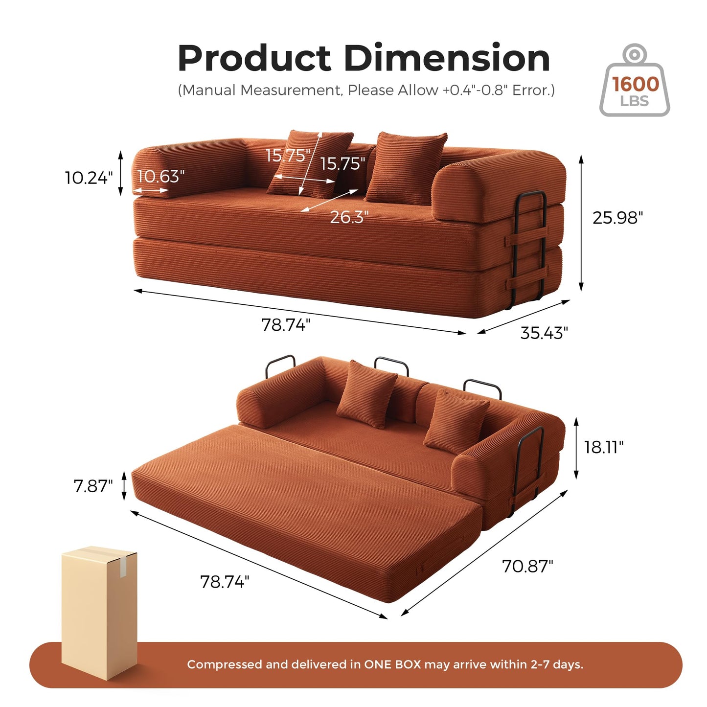 79" Convertible Sleeper Sofa Bed, Floor Sofa Lounge Couch with Fixed-Shape Frame, Modular Sectional Sofa Bed with 2 Pillows, Corduroy Loveseat Couches for Living Room, Bedroom, Lounge Studio(Orange)