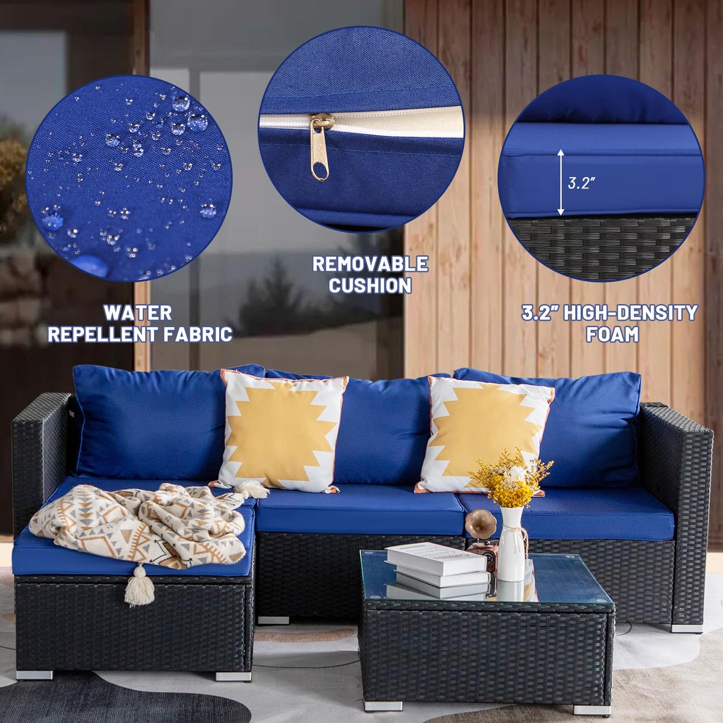 PAOLFOX 5 Piece Patio Furniture Sets,Patio Conversation Sets,Rattan Outdoor Furniture,Rattan Patio Chairs and Table,Black/Blue