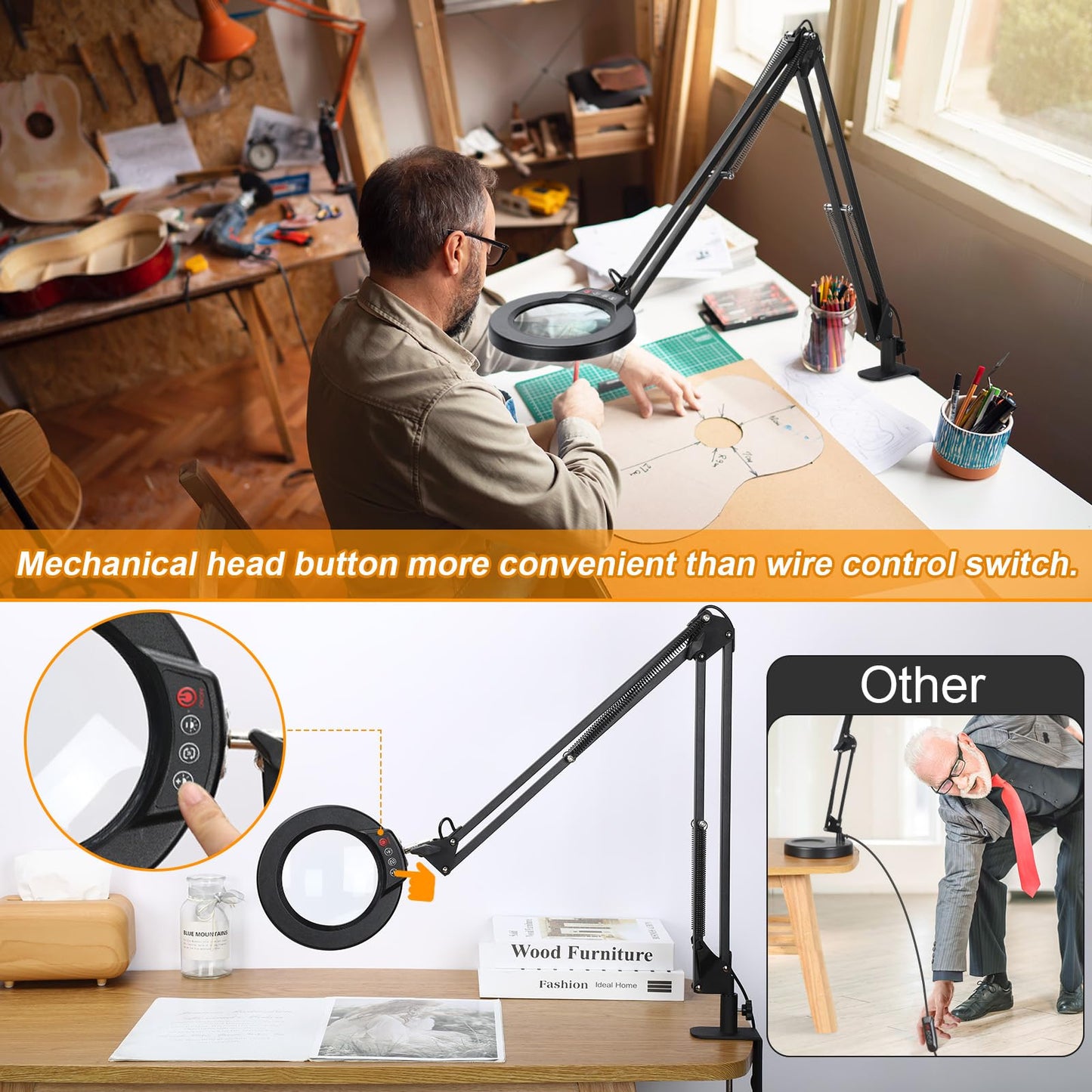 10X Large Magnifying Glass with Light and Stand, KRSTLV 2 x 16 Inch Adjustable Swivel Arm LED Desk Lamp with Clamp, 5 Color Modes Stepless Dimmable, Lighted Magnifier Hands Free for Close Work, Hobby