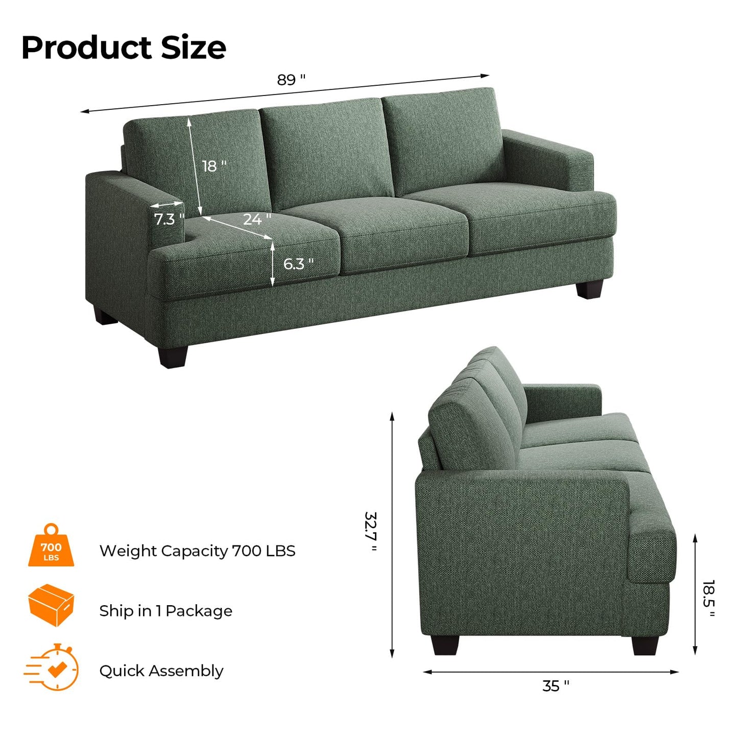 COPIAE 89 Inch Sofa with Extra Deep Seats Oversize, 3 Seater Sofa for Living Room,Modern Couch and Sofa, Comfy Armrests and Seats and Backrests, Easy Installation, Light Green