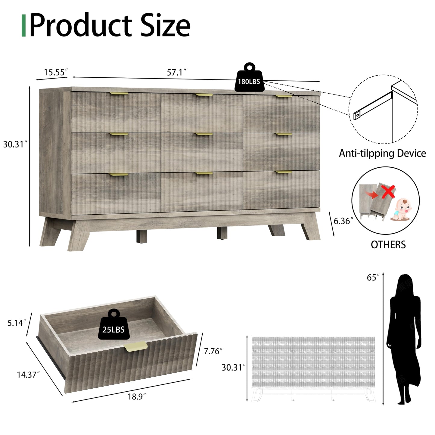 Fluted Dresser for Bedroom with 9 Drawers, 57" Wide Modern Chest of Drawers with Metal Handle, Wooden Dresser TV Stand, Wood Closet Clothes Storage Organizer for Living Room, Hallway, Grey