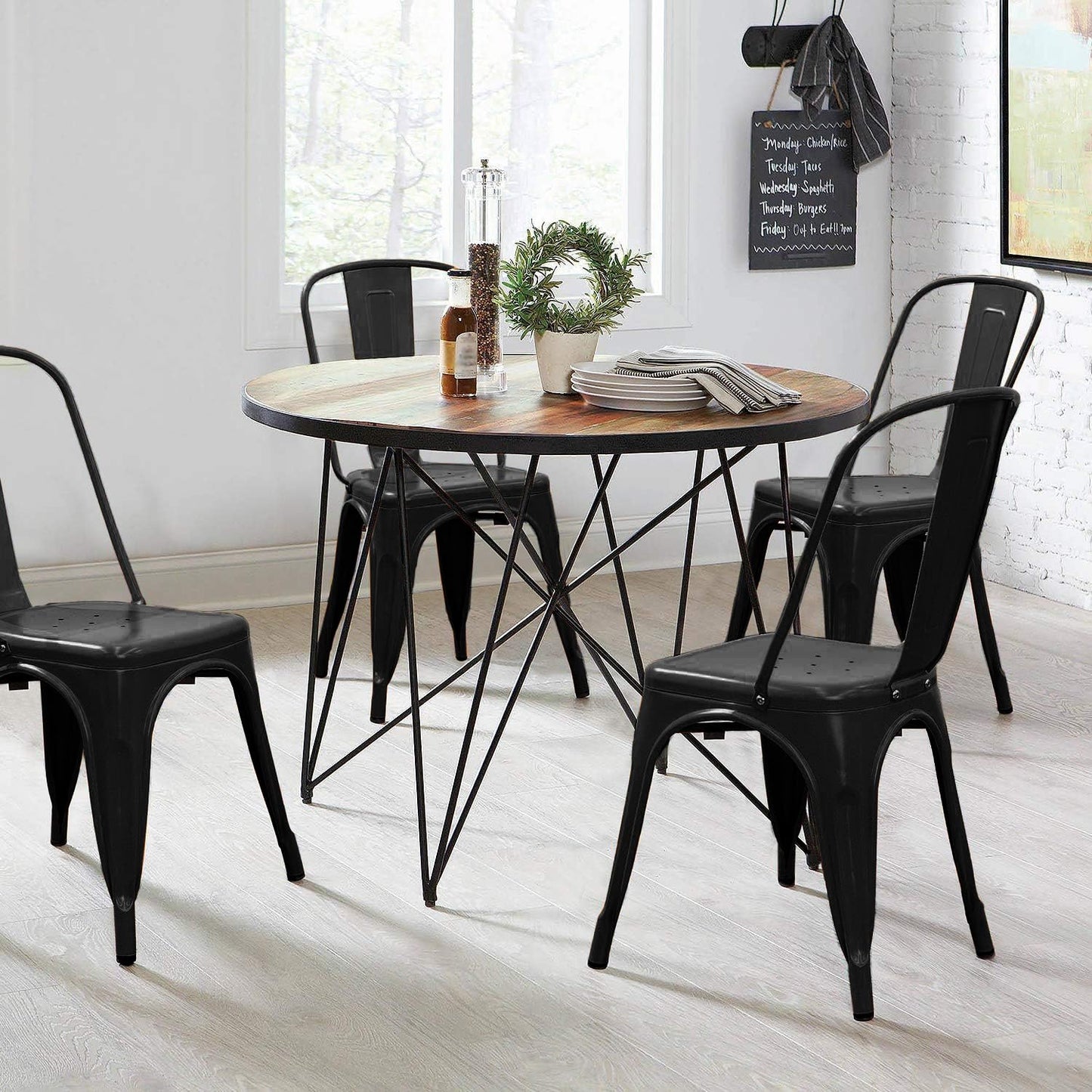 Devoko Metal Indoor-Outdoor Chairs Distressed Style Kitchen Dining Chairs Stackable Side Chairs with Back Set of 4 (Black)