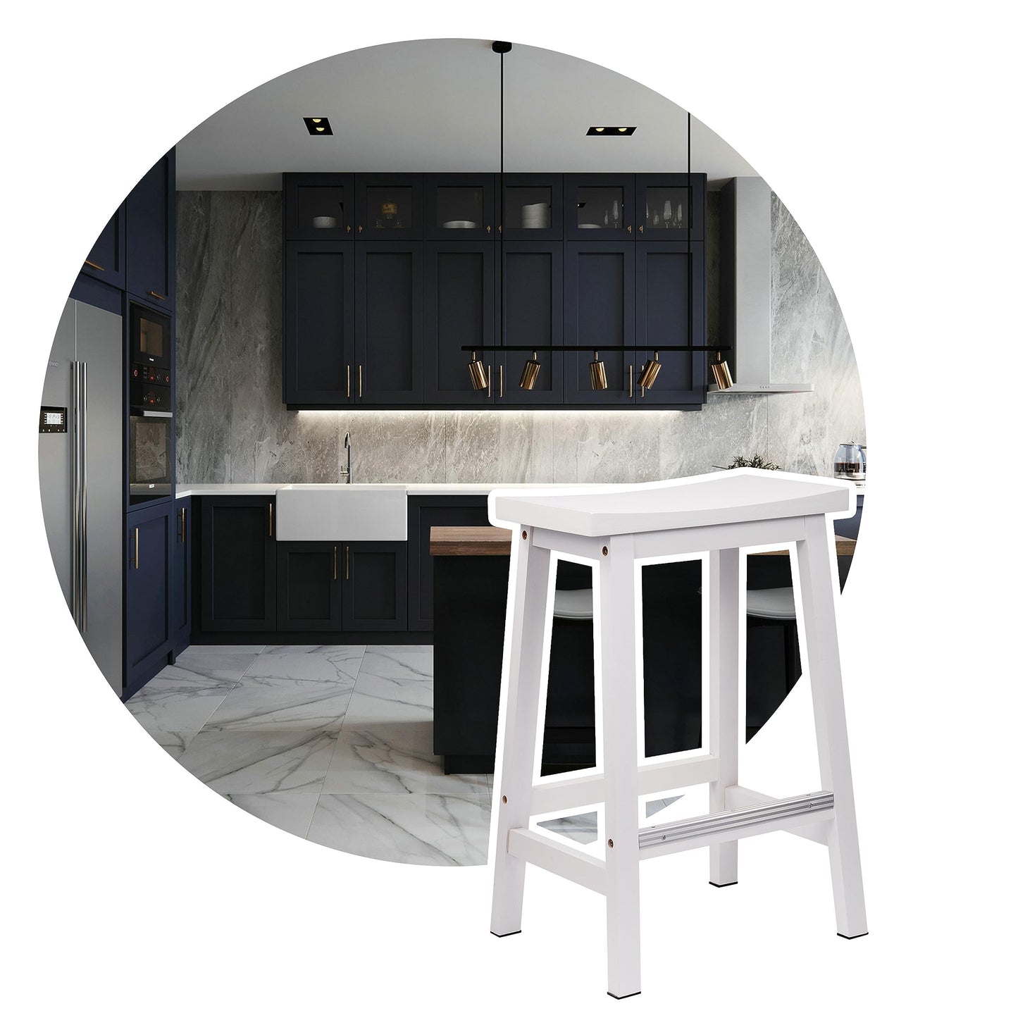 Elevon Solid Wood Saddle-Seat Kitchen Counter-Height Stool, 24-Inch Height, White - Set of 2