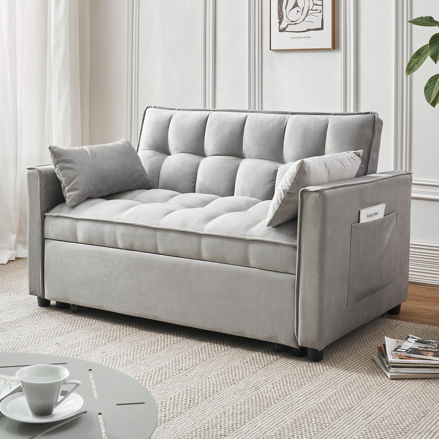 FENFSHE Futon Sofa Bed,Modern 3 in 1 Convertible Sleeper Sofa, Pull Out Couch Bed with Adjustable Backrest, Storage Pockets and Toss Pillows for Living Room, Bedroom (Grey)