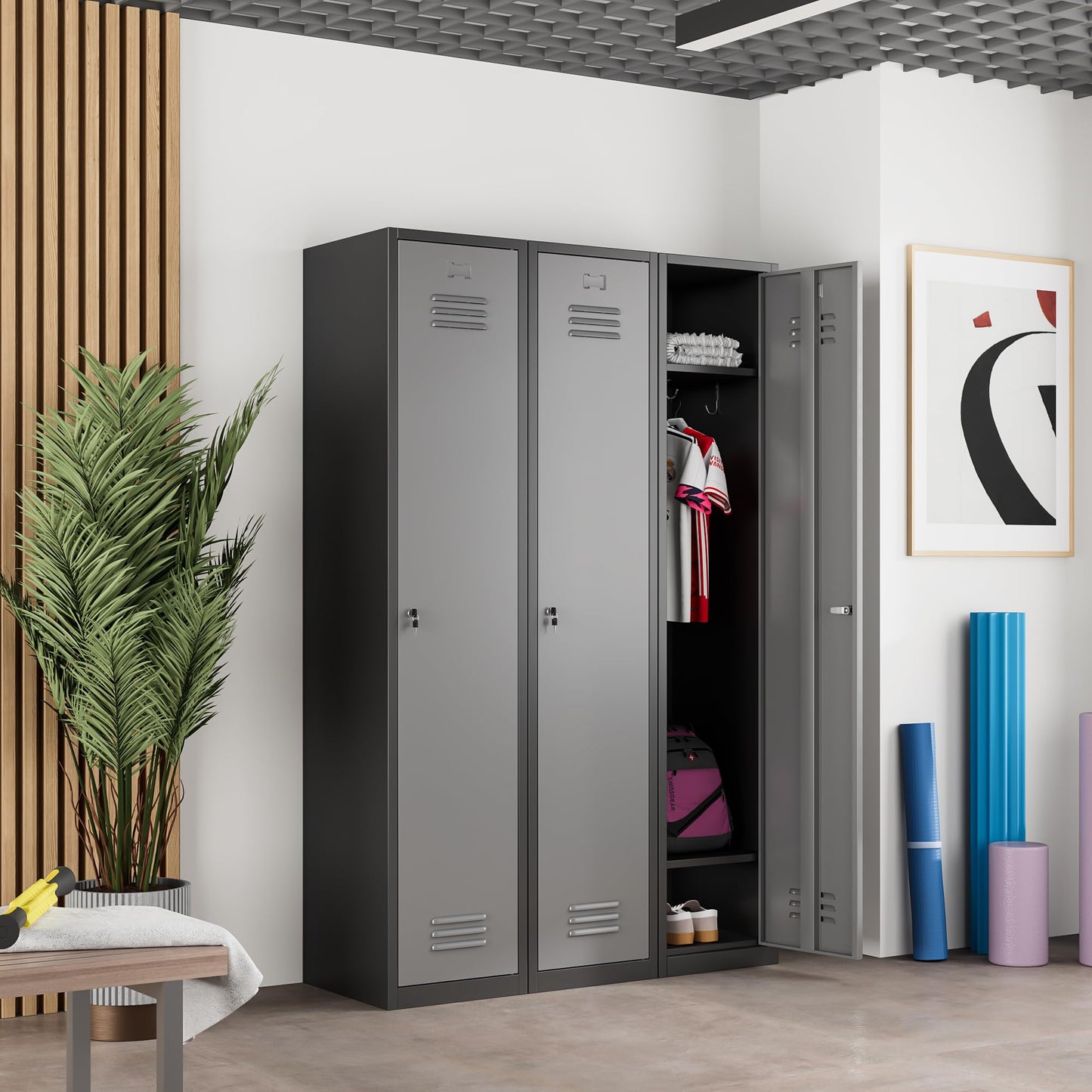 Topass Metal Lockers for Employees with Keys, 71" Tall Steel Storage Cabinet with Lockable Door, Metal Storage Locker for School Office Gym (1-Door, Black&Grey)