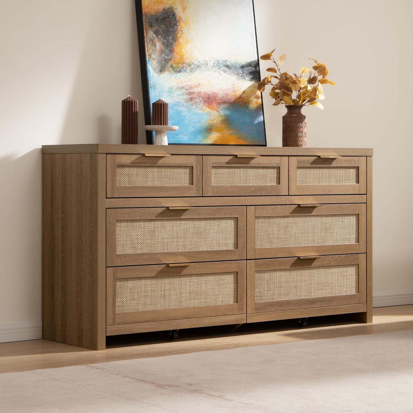 SICOTAS 7 Drawer Dresser for Bedroom, 57" Wide Rattan Dressers for Nursery, Living Room TV Stand, Boho Closet Organizer Chests of Drawer (Reclaimed Caramel Oak, 7 Drawers (1 pc))