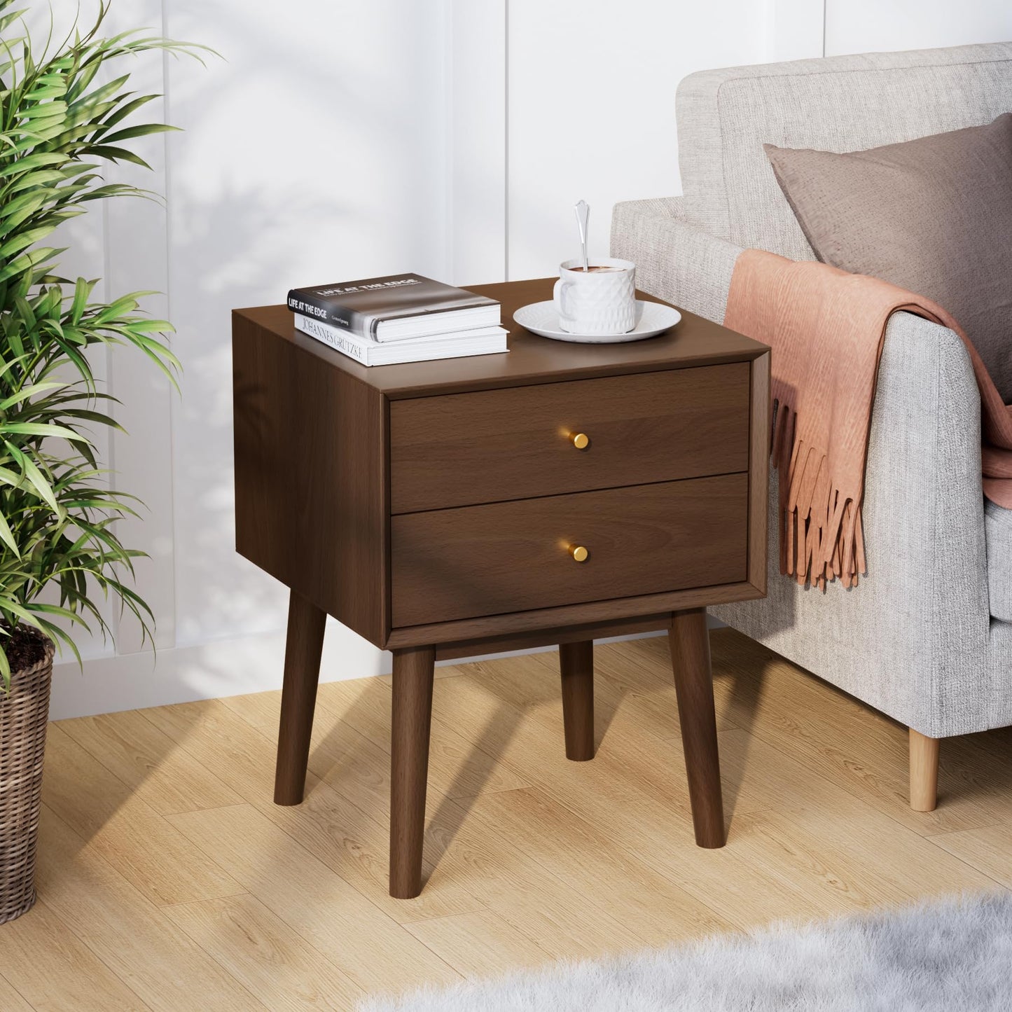 SANXIANHM Mid Century Modern Nightstand, 2 Drawers, Solid Wood Night Stand, Espresso Colored End Table