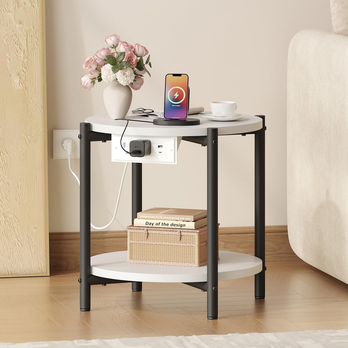 LIKIMIO Side Table with Charging Station, 2-Tier Round End Table with Lower Shelf, 15.8" W Modern Wooden Nightstand for Small Spaces, Living Room, Bedroom, White
