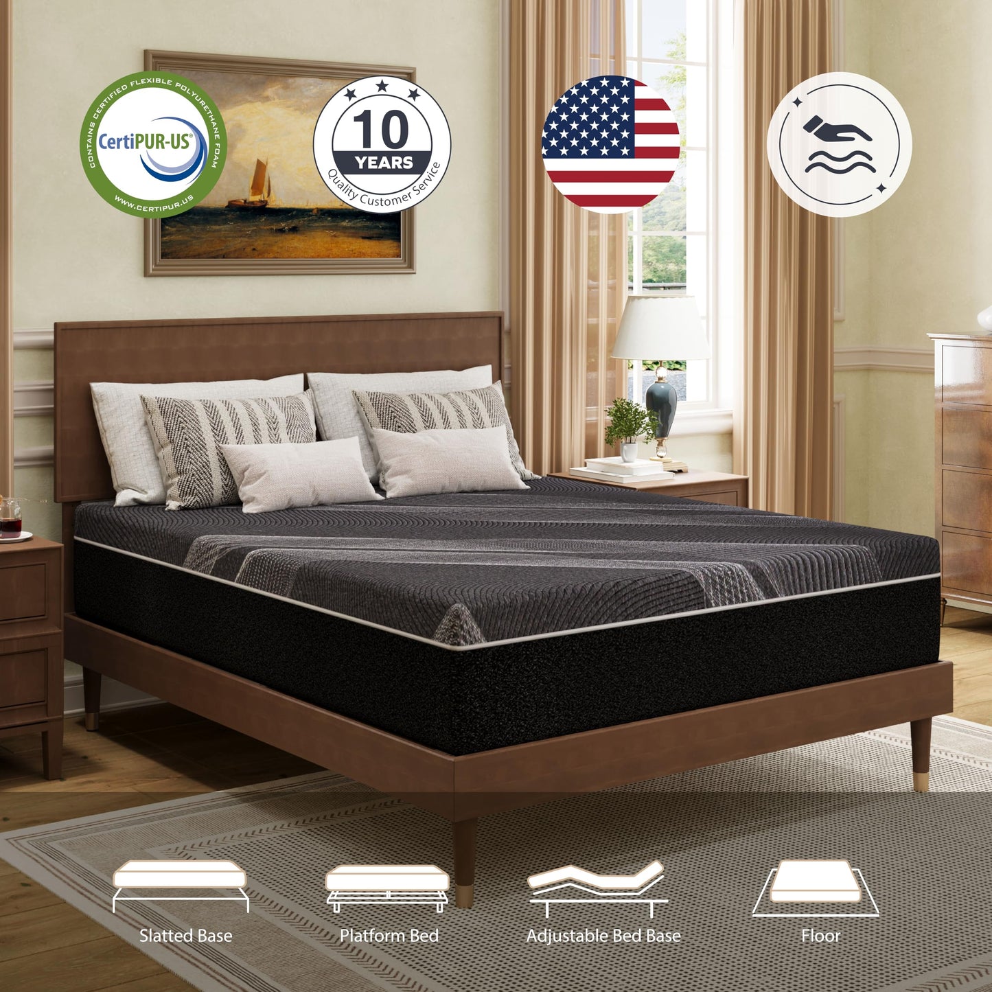Dyonery King Mattress 10 Inch Charcoal Memory Foam in a Box, CertiPUR-US Certified Fiberglass Free, Gel Double Mattress, Made in The USA of US Foam, 80" × 76" × 10", Medium