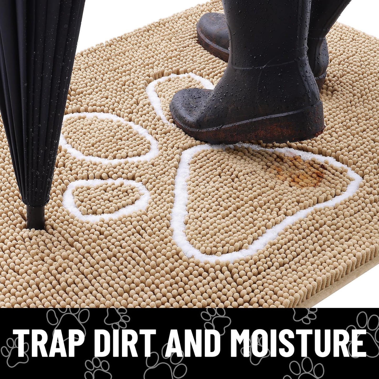 Smiry Dog Door Mat for Muddy Paws, Absorbent Dirt Trapper Non Slip Quick Dry Washable Chenille Mat for Mud Dogs, Entry Rug for Indoor and Outdoor (30x20 Inches, Beige)