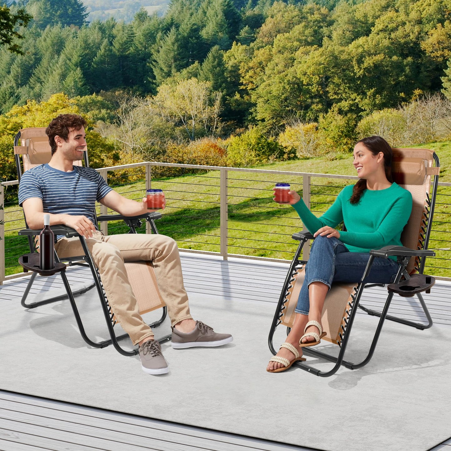 Elevon Zero Gravity Chair Set of 2 with Cup Holder & Removable Pillows, Adjustable Reclining Outdoor Patio Folding Chairs Portable Lounge Chair Furniture for Poolside, Lawn, Beach, Camping, Beige