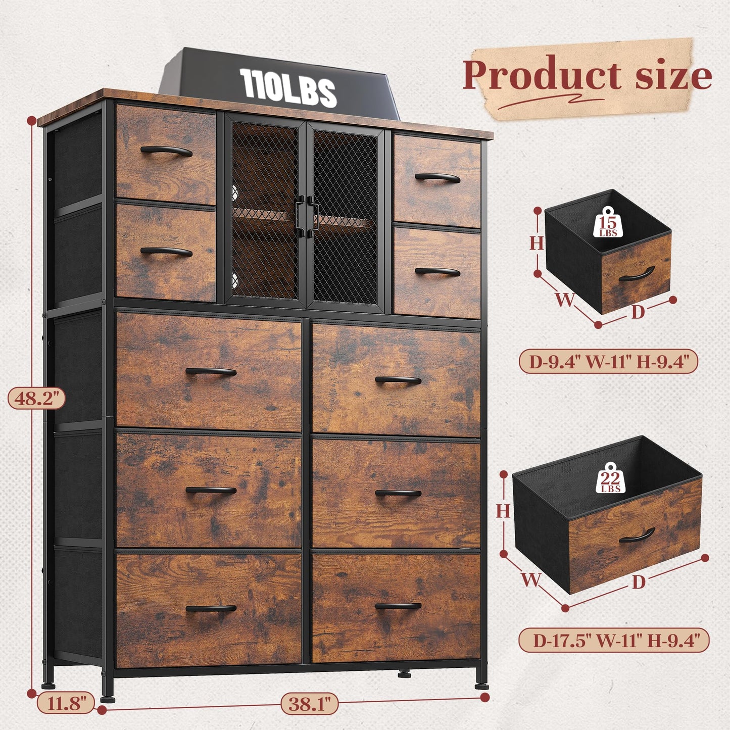 Romorgniz Tall Dressers for Bedroom with 10 Drawers, Chests of Drawers with Large Metal Mesh Door, Closet, Hallway, Rustic Brown 48.2" H x 38.1" W x 11.8" D