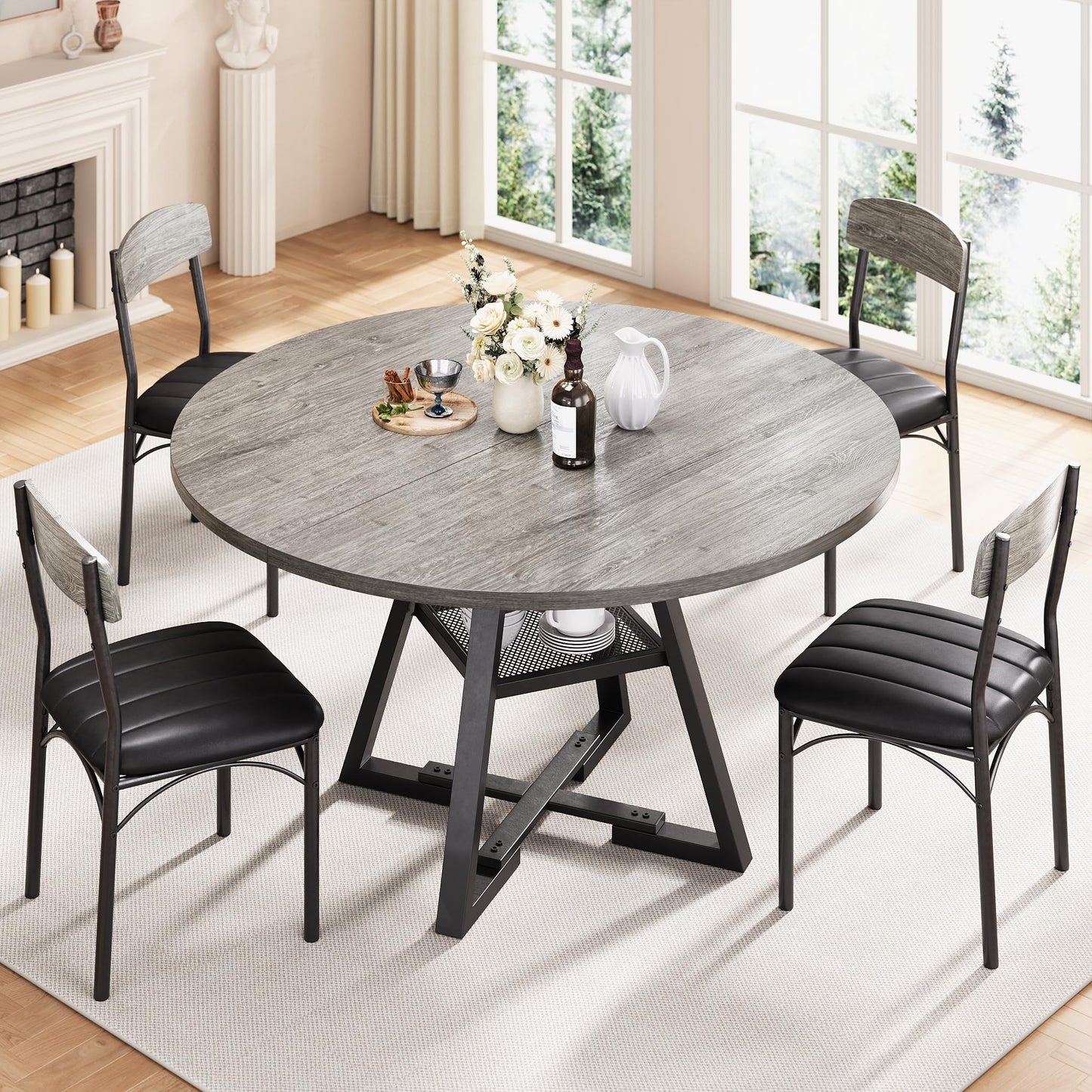 Round Dining Table Set for 4, Kitchen Table and Chairs for 4, Circle Table Round Pedestal Dining Room Dinner Dinette Table Set,5 Piece Space Saving Wood Kitchen & Dining Room Tables (Grey, 47In)