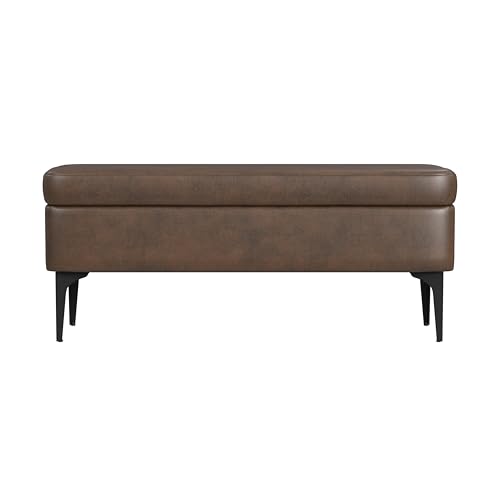 HomePop Upholstered Storage Bench with Metal Leg Home Décor|Bench with Storage for Living Room & Entryway - Brown Faux Leather