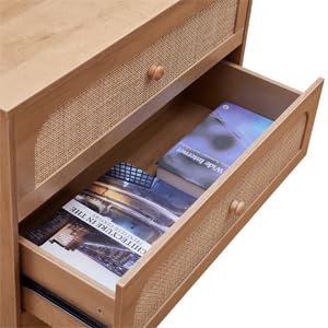 GANLLY 3 Drawer Dresser for Bedroom, Rattan Modern Closet Dressers Chest of Drawers, Wood Oak Storage Chest for Kids Bedroom, Hallway, Living Room