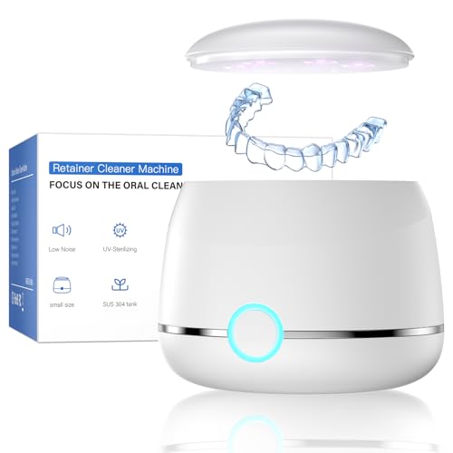 Ultrasonic Retainer Cleaner, 45kHz Denture Cleaner Machine, 5min and 10min Modes with Rechargable Top Cover, 200ml Dental Cleaning Pod, MouthGuard Cleaner for Aligner NightGuard Jewelry(White)