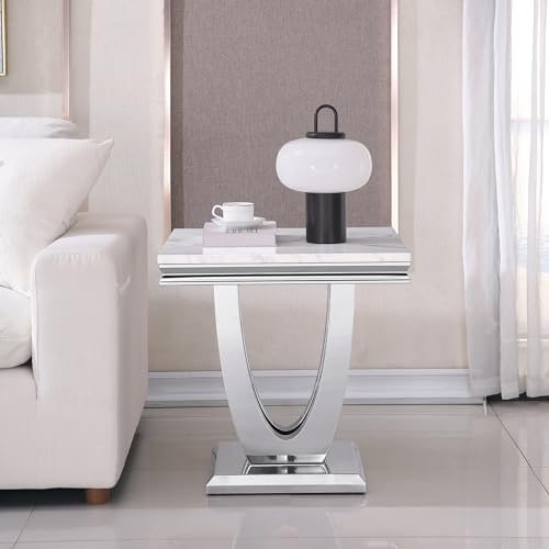 Marble End Table for Living Room, 22.8" Modern Suqare Sofa Side Table with Silver Stainless Steel U-Base, White Faux Marble Nightstand Bedside Tables Corner Tables for Bedroom, Home Office