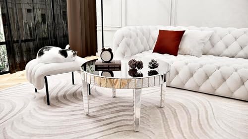 Silver Mirrored Coffee Table, 31.5" Round Modern Center Table with Starburst Mirror Mosaic Design, Luxury Circle Mirrored Glass Accent Coacktail Tea Table for Living Room Home Office