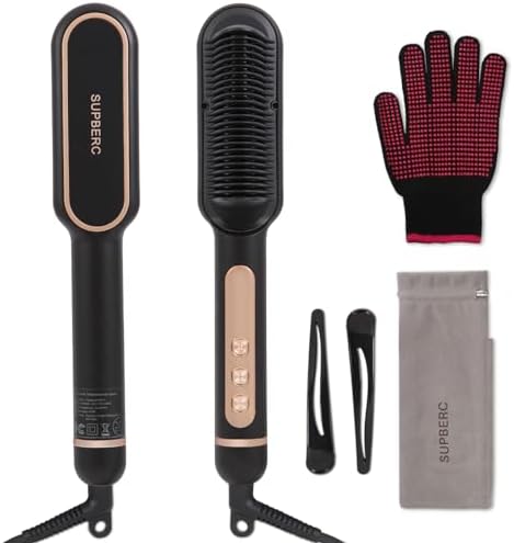 Negative Ionic Hair Straightener Brush with 9 Temp Settings, 30s Fast Heating Hair Straightening Comb with LED Display, Anti-Scald & Auto-Shut Off Hair Brush Straightener for Women (Black)