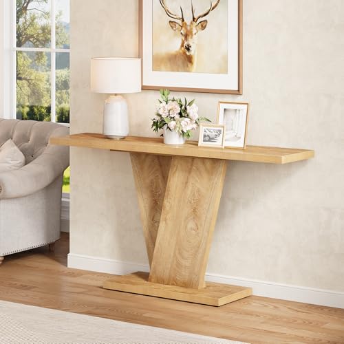LITTLE TREE 63-Inch Console Table, V-Shaped Pedestal Side Table, Versatile Rectangular Farmhouse Sofa Table Entryway Console Table for Living Room, Hallway, Entrance, Brown