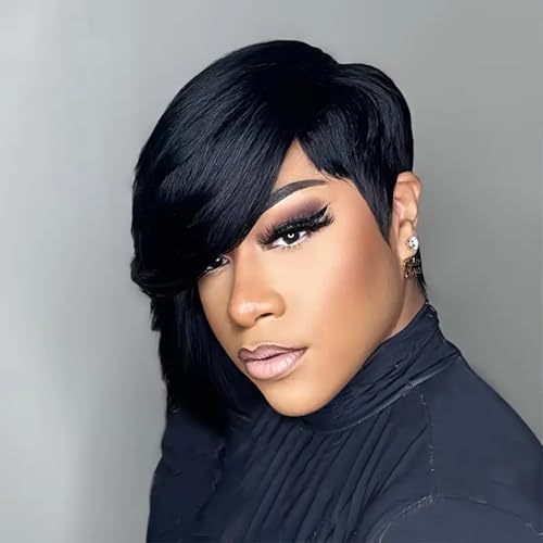 PangDongLai 10A Pixie Cut Wigs for Black Women Model Length Chic Elegent Short Layered Pixie Haircut Wigs With Bangs Brazilian Virgin Human Hair Natural Black 1b Color