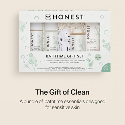 The Honest Company Fragrance Free Bathtime Gift Set | Hypoallergenic Bath Essentials for Sensitive Skin | Shampoo + Body Wash, Face + Body Lotion, Bubble Bath, Conditioner, Wash Cloth