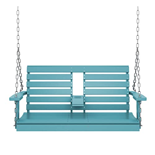 KINGYES Outdoor Hanging Porch Swing, 2 Seat Patio Swing Chair with Cup Holders, Waterproof Swing Chair Bench for Courtyard & Garden, 660LBS Weight Capacity, Aruba Blue