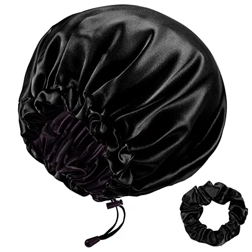 22 Momme 100% Mulberry Silk Bonnet Hair Wrap for Sleeping, Adjustable Silk Scrunchies Sleep Cap for Women Men Hair Care, Head Scarf Night Caps with Elastic Stay On Head, 1Pc(Black,Black)