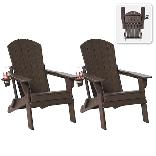 Folding Adirondack Chair Set of 2 with Cup Holder, HDPE All Weather Resistant Plastic Outdoor Patio Chairs, Heavy Duty Fire Pit Seating for Backyard Lawn Garden, Wooden Textured Design(Coffee)