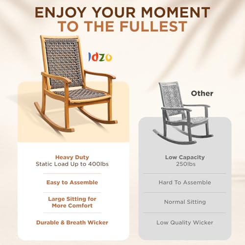 IDZO Wood Wicker Rocking Chair, 400 lbs Capacity, Durable Eucalyptus Wood, Natural Finish, Comfortable Curvy Design, Ideal for Deck, Patio Furniture, and Outdoor Furniture Accent Chair