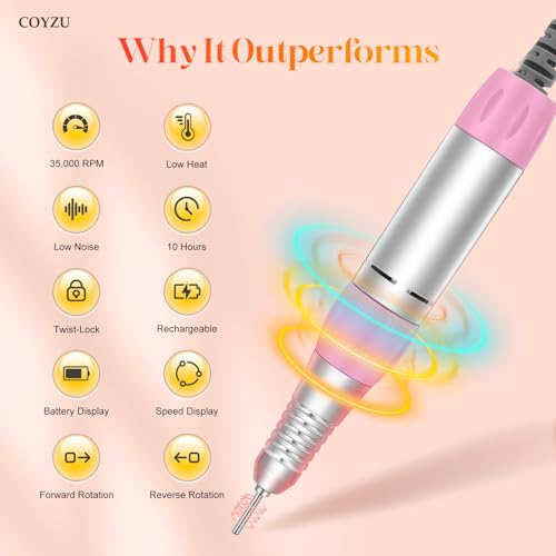 Professional Nail Drill Electric File:COYZU 35000RPM Portable Cordless Nail Drill Machine with Bits, Rechargeable E File for Acrylic & Gel Nails, Manicure & Pedicure Tech Tool for Home Salon, Pink
