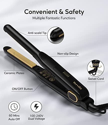 Terviiix 1/2 Inch Flat Iron for Short Hair, Small Hair Straightener and Curler 2-in-1 for Pixie Cuts & Touch-Ups, Rounded Edge Mini Flat Iron for Men and Women, Dual Voltage Travel-Friendly