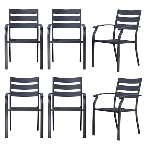 Outdoor Dining Chairs Set of 6, Stackable Patio Dining Chairs, Black Metal Patio Set for Garden Backyard Lawn Deck Support Over 300 lbs, All-Weather