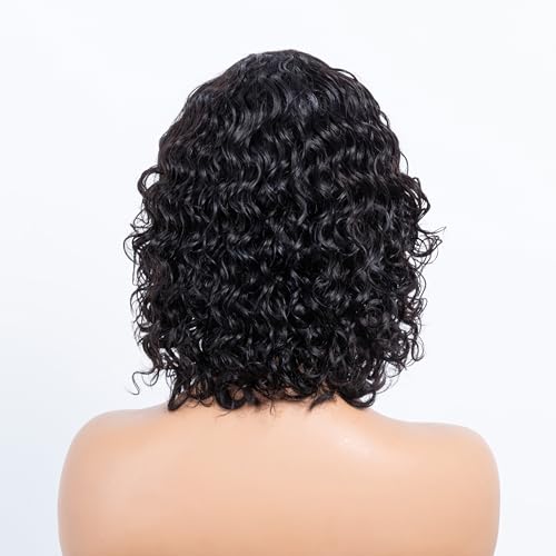 OnePart human wigs short water wave wig with bangs WWM2367M 100% brazilian virgin human hair machine made glueless for black women natural black 12inch