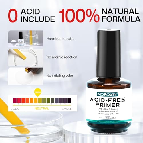 Morovan Nail Prep Dehydrator and Primer, Natural 4 PCS Dehydrator & Acid-Free Bond Primer for Acrylic Powder U V Extension Gel Nail Supplies Set