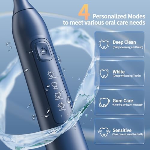 Electric Toothbrush for Adults, 42000 VPM Deep Clean Sonic Toothbrush with 6 Brush Heads, 4 Modes, IPX7 Waterproof Rechargeable Toothbrushes for 120 Days, Built-in 2 Mins Smart Timer (Blue)