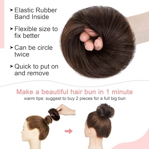 SEGO Human Hair Messy Bun Hairpieces Real Scrunchies Natural Wavy Smoothed Updo Donut Chignon Ponytail Extensions for Women Girls-#02 Dark Brown