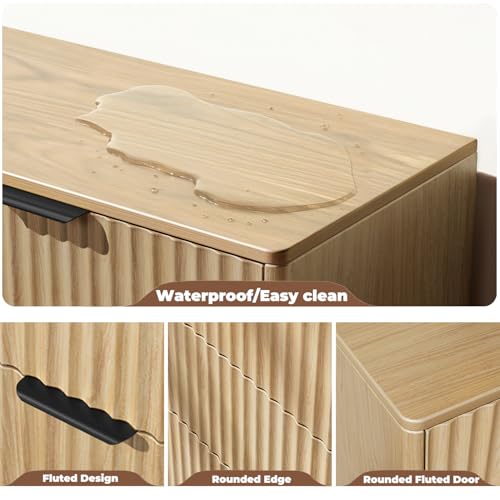 Butinsx Modern 6 Drawer Dresser, Natural Oak, Fluted Wave Design, Rounded Corners, Dresser TV Stand, 48" Wide Chest of Drawers for Bedroom and Living Room