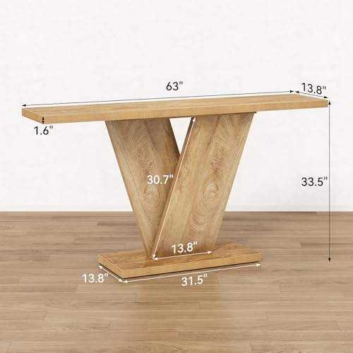 LITTLE TREE 63-Inch Console Table, V-Shaped Pedestal Side Table, Versatile Rectangular Farmhouse Sofa Table Entryway Console Table for Living Room, Hallway, Entrance, Brown